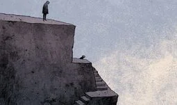a small man on some ledges 