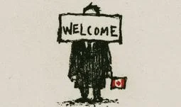 a man holding a Canadian flag with a welcome sign across his face