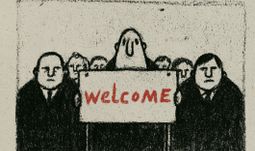 a banker holding a sign that says welcome in red
