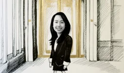 Shermaine Chia in front of a gold door 