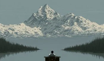 a banker at a desk in front of a mountain 