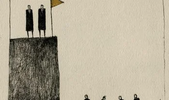 some stick men standing on a building looking down at some other men. There is a yellow flag