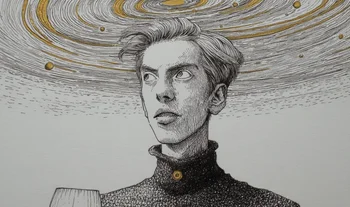 leopold aschenbrenner with wine and a galaxy swirling around his head