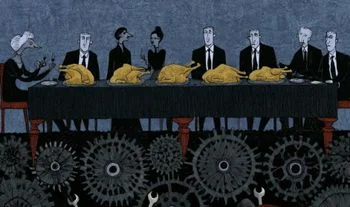 some bankers eating golden chickens