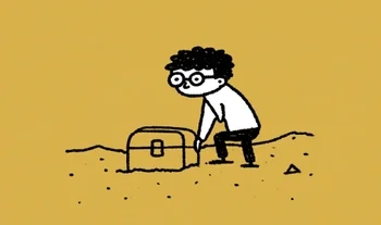 a small man next to a casket in the desert, line drawing 