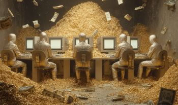some people in space suits staring at a pile of gold while also looking at screens