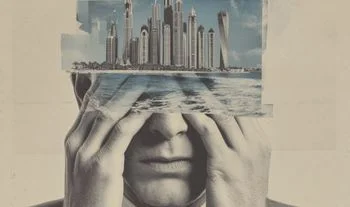 a man putting his hands to his eyes with an image of the Gulf imposed over them