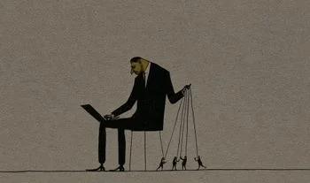 a banker on a chair with employees as puppets