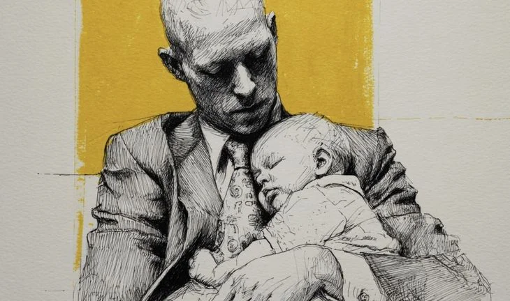 a tired bald father in a suit 