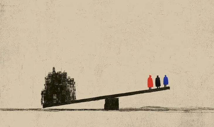 a seesaw with some little people and a pile of metal junk