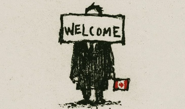 a man holding a Canadian flag with a welcome sign across his face