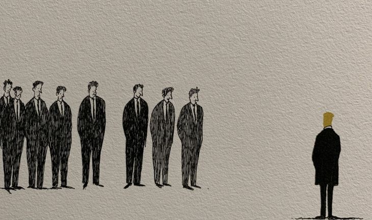 some junior bankers looking at a man with a golden head 