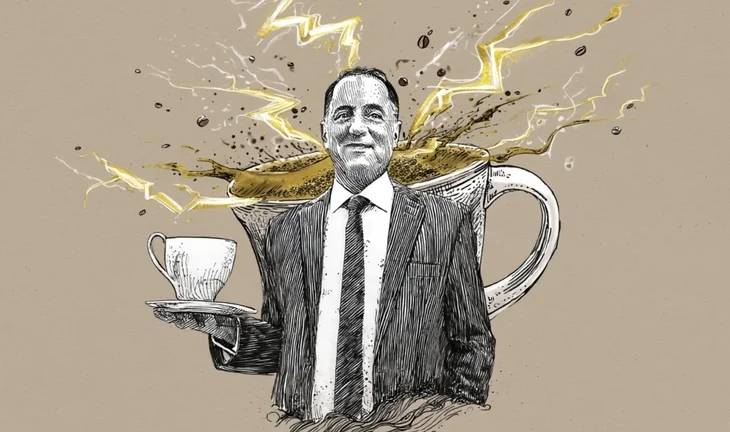 richard handler holding coffee while a coffee cup emits lightning behind him 