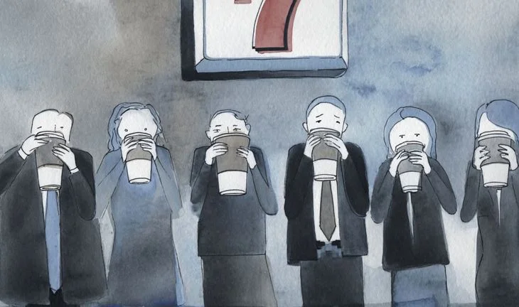 bankers drinking coffee outside a 7-11