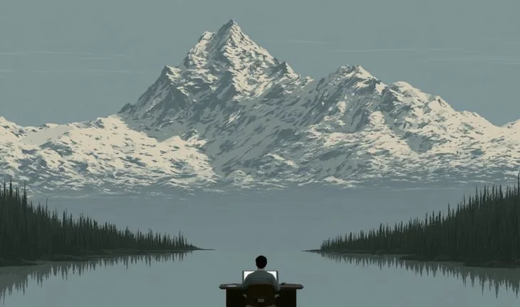 a banker at a desk in front of a mountain 