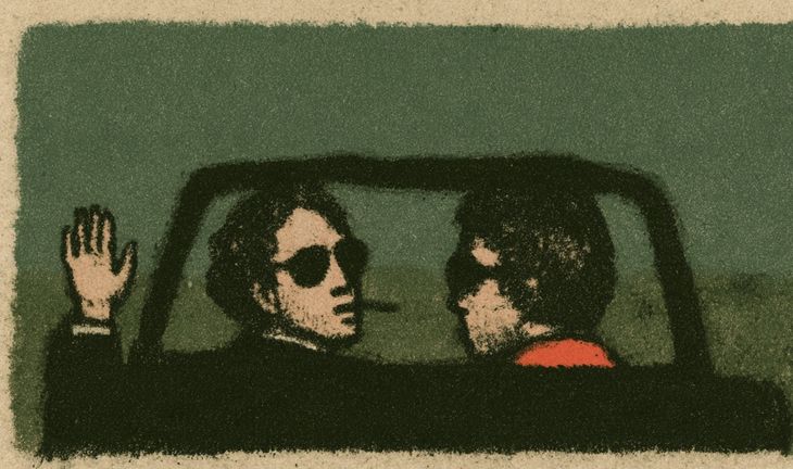 Two men in a car. One is smoking and waving goodbye