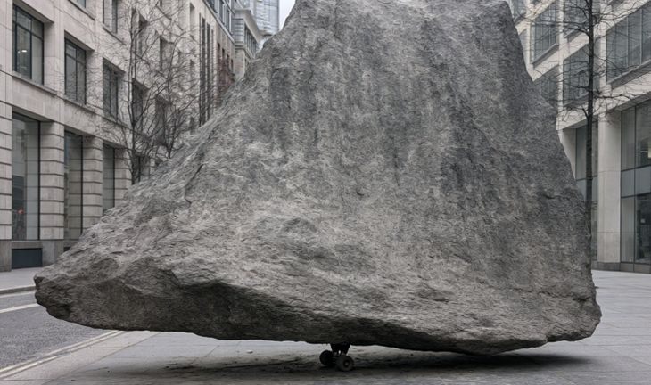 a rock balanced on a roller skate 