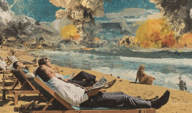 a pastiche of bankers on a beach while bombs fall 