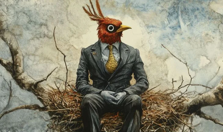 a bird dressed as a banker sitting in a nest