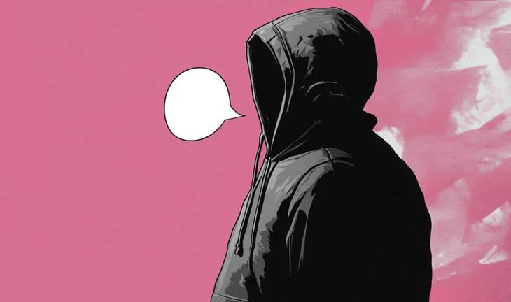  a man in a hoodie with a speech bubble