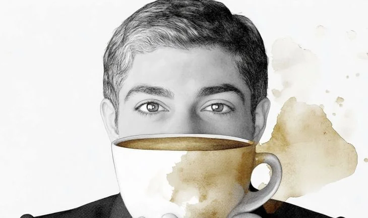 a middle eastern banker with a cup of coffee obscuring his face