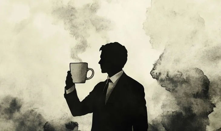 A silhouette of a banker holding coffee
