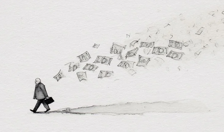 Banker walking away with storm of money behind