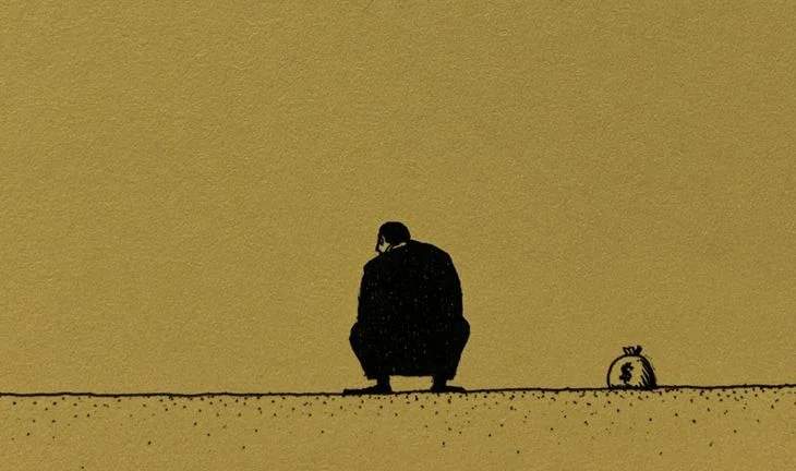 a bank squatting by a bag of money