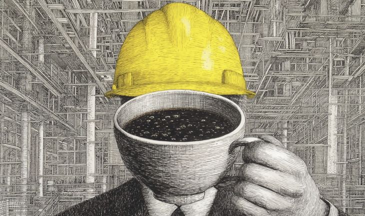 A man in a yellow hard hat holding a large coffee