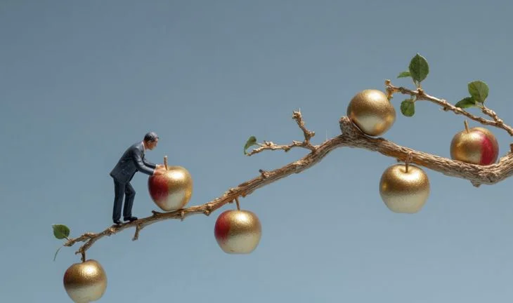 a small banker picking golden apples