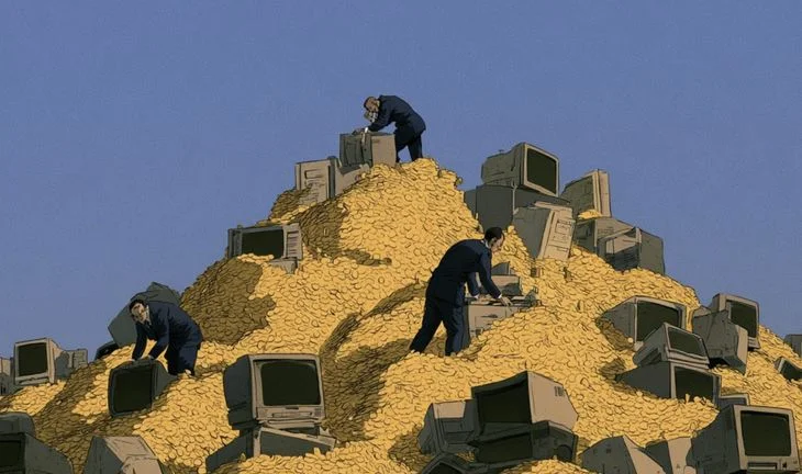 bankers sifting through gold coins and old computers 