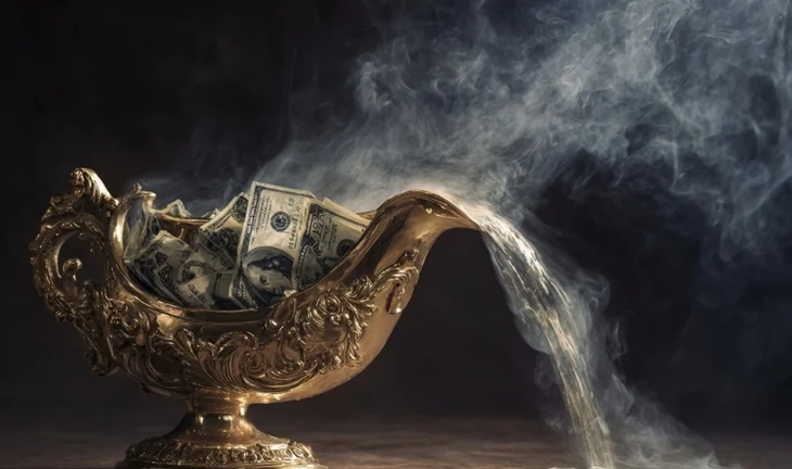a gravy jug with dollars in it