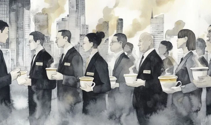 bankers in Tokyo holding coffee