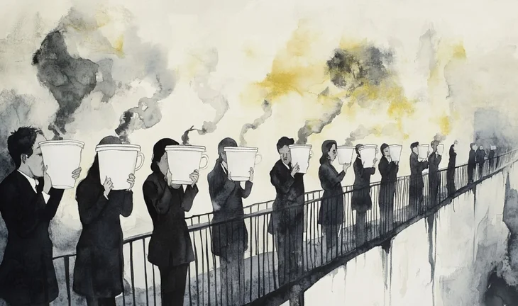 a row of figures in black suits holding giant steaming cups of coffee on a walkway