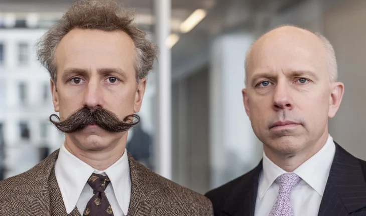 a banker with a moustache in a tweed suit standing next to a Goldman banker 