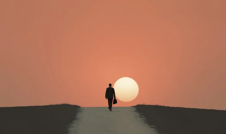 a man walking into the sunset
