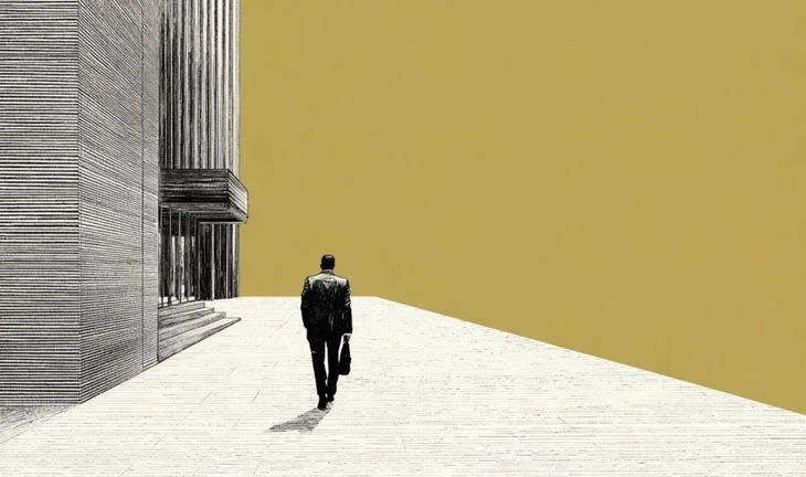 a man walking away from Goldman Sachs 
