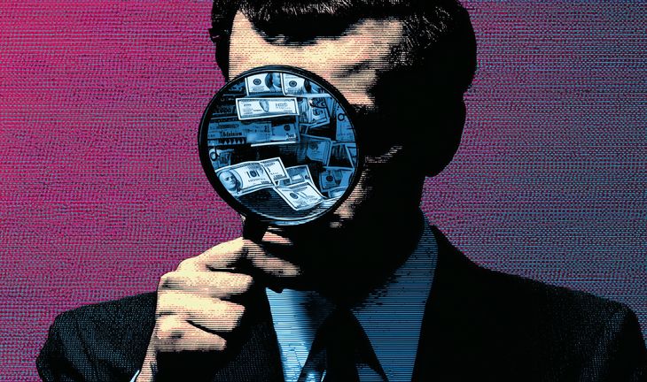 Banker holding magnifying glass
