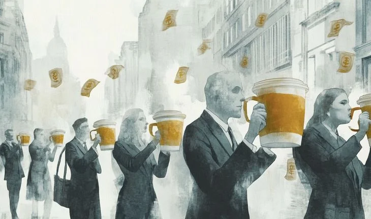 a row of bankers carrying coffee in London while money falls from the sky