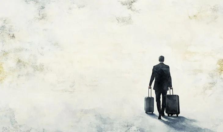 a banker walking away with a wheeled suitcase
