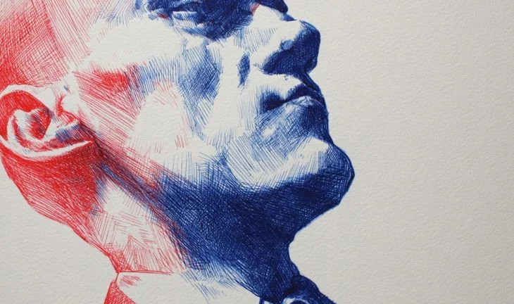 A man's face with the French tricolore flag imposed on it