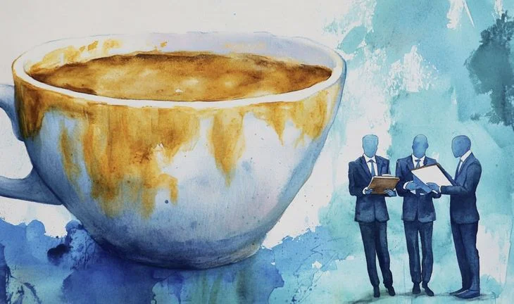 three small men standing by a large coffee