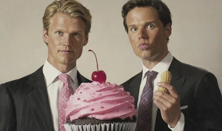 two bankers. a cupcake and a peanut
