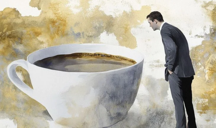 a small man peering into a coffee cup 