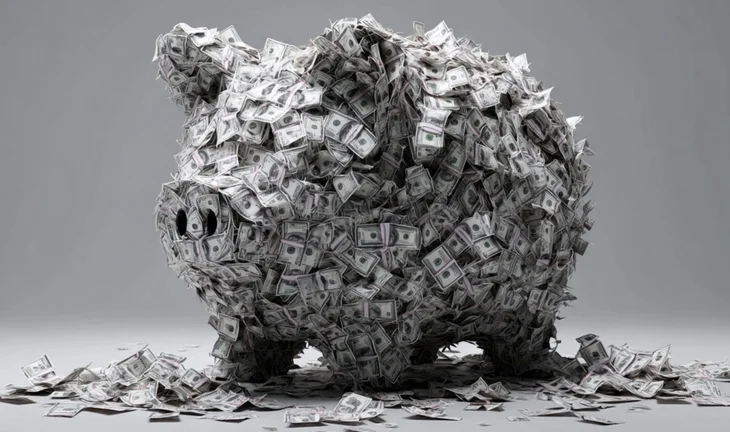 A piggy bank covered in dollars 