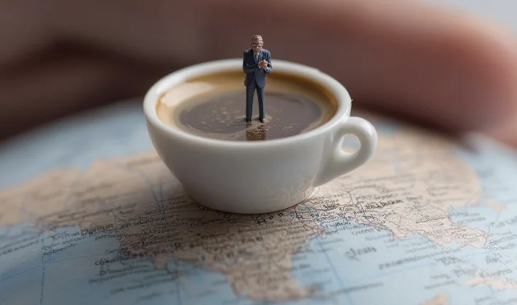 a man standing in a coffee cup on a globe