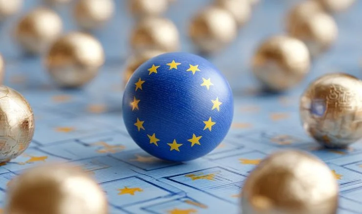 a ball with euros on it among some golden balls